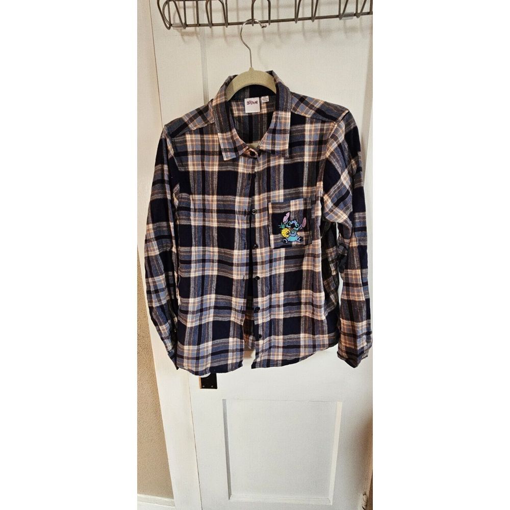 Disney Stitch Button Up Plaid 100% Cotton Shirt Sz S/M embroidery LILO logo
